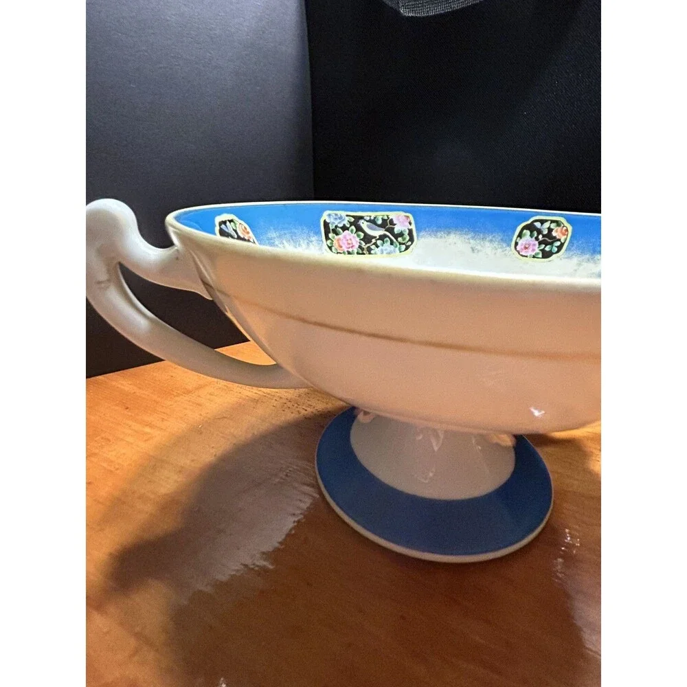 Vintage Footed Centerpiece Bowl Blue‎ Rim Chinoiserie Floral Bird Pedestal Dish